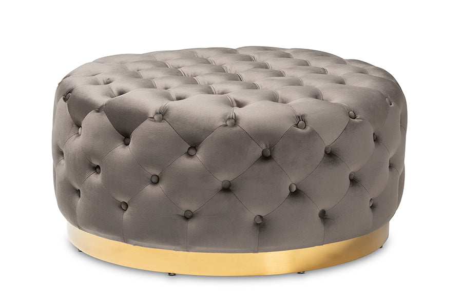 baxton studio sasha glam and luxe grey velvet fabric upholstered gold finished round cocktail ottoman | Modish Furniture Store-2