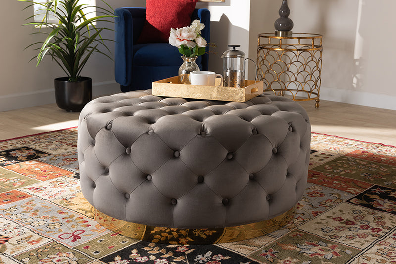 Baxton Studio Sasha Glam and Luxe Grey Velvet Fabric Upholstered Gold Finished Round Cocktail Ottoman | Modishstore | Ottomans