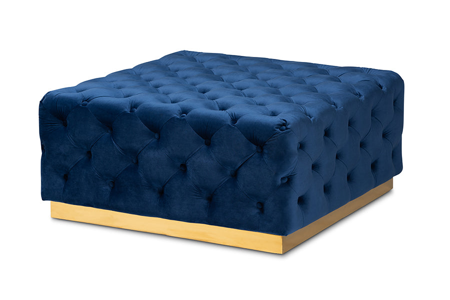 baxton studio verene glam and luxe royal blue velvet fabric upholstered gold finished square cocktail ottoman | Modish Furniture Store-2