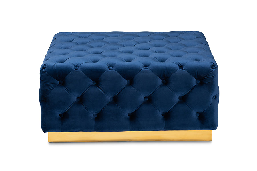 baxton studio verene glam and luxe royal blue velvet fabric upholstered gold finished square cocktail ottoman | Modish Furniture Store-3