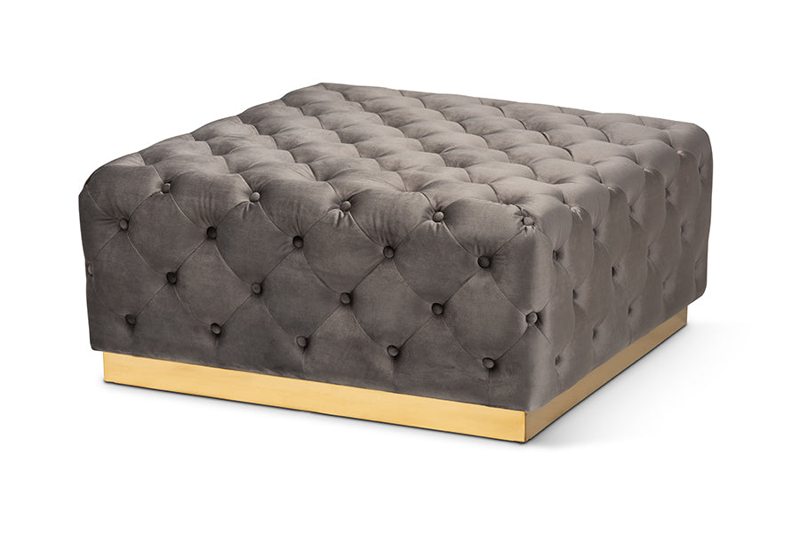 baxton studio verene glam and luxe grey velvet fabric upholstered gold finished square cocktail ottoman | Modish Furniture Store-2
