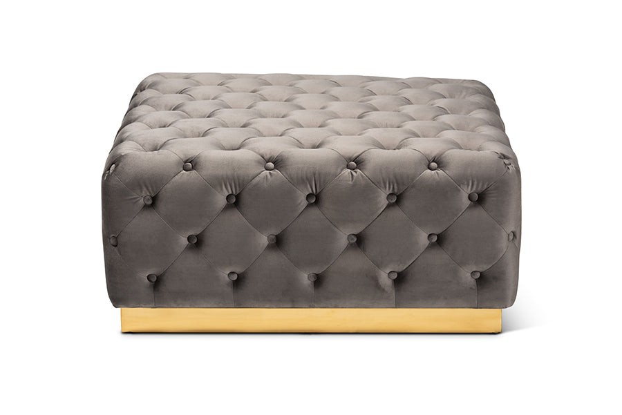 baxton studio verene glam and luxe grey velvet fabric upholstered gold finished square cocktail ottoman | Modish Furniture Store-3