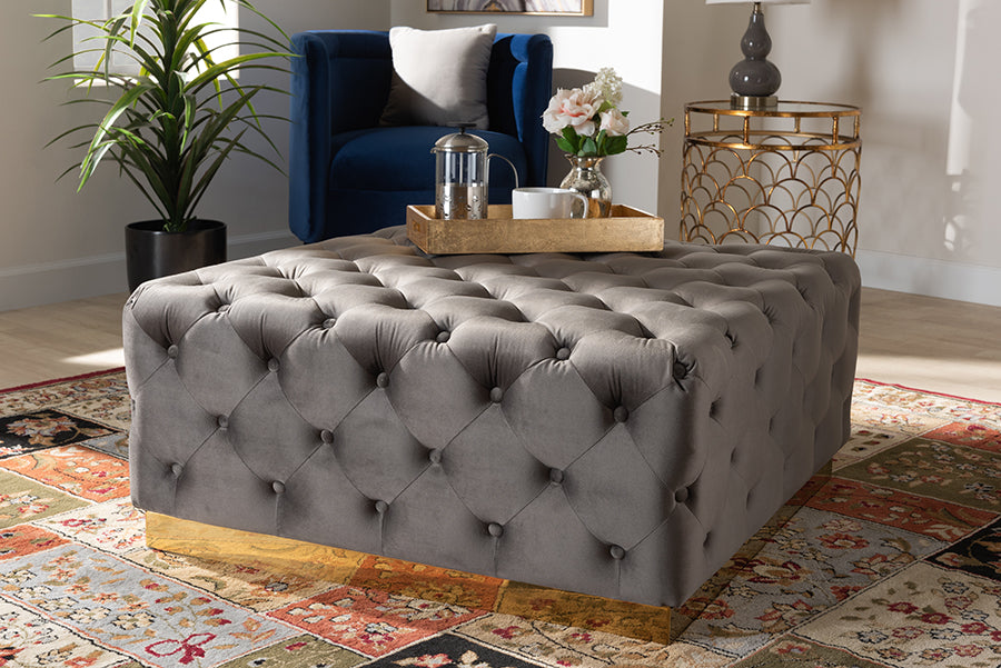 Baxton Studio Verene Glam and Luxe Grey Velvet Fabric Upholstered Gold Finished Square Cocktail Ottoman | Modishstore | Ottomans