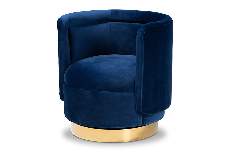baxton studio saffi glam and luxe royal blue velvet fabric upholstered gold finished swivel accent chair | Modish Furniture Store-2