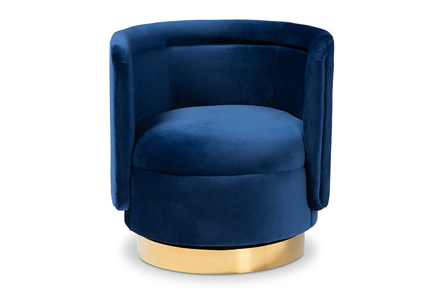 baxton studio saffi glam and luxe royal blue velvet fabric upholstered gold finished swivel accent chair | Modish Furniture Store-3