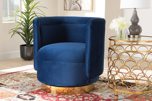 Baxton Studio Saffi Glam and Luxe Royal Blue Velvet Fabric Upholstered Gold Finished Swivel Accent Chair | Modishstore | Accent Chairs