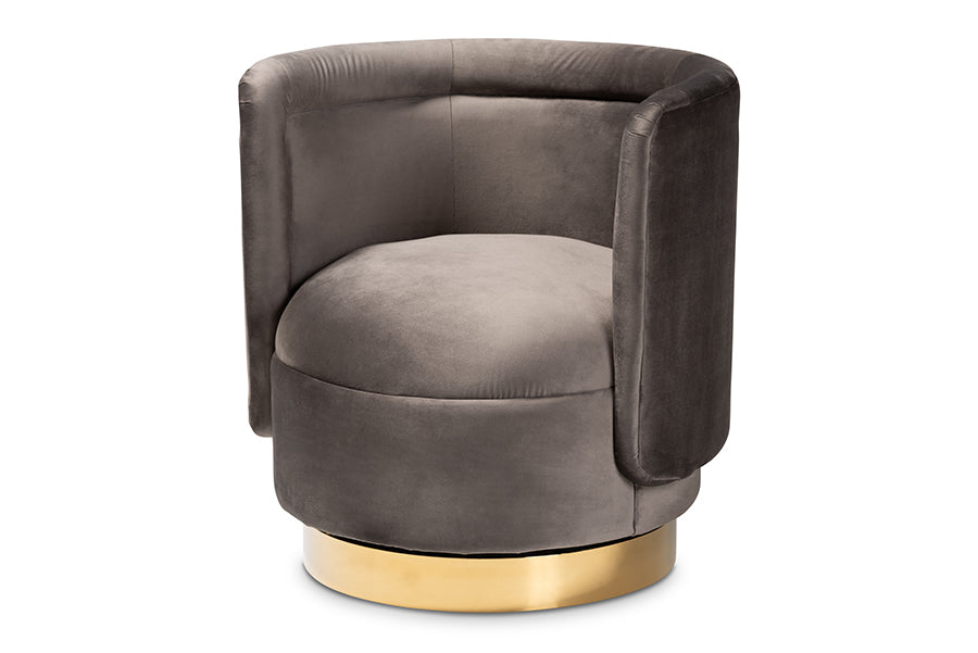 baxton studio saffi glam and luxe grey velvet fabric upholstered gold finished swivel accent chair | Modish Furniture Store-2
