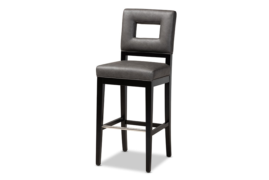 baxton studio faustino modern and contemporary grey faux leather upholstered black finished wood bar stool | Modish Furniture Store-2