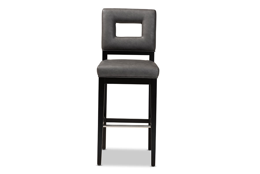 baxton studio faustino modern and contemporary grey faux leather upholstered black finished wood bar stool | Modish Furniture Store-3