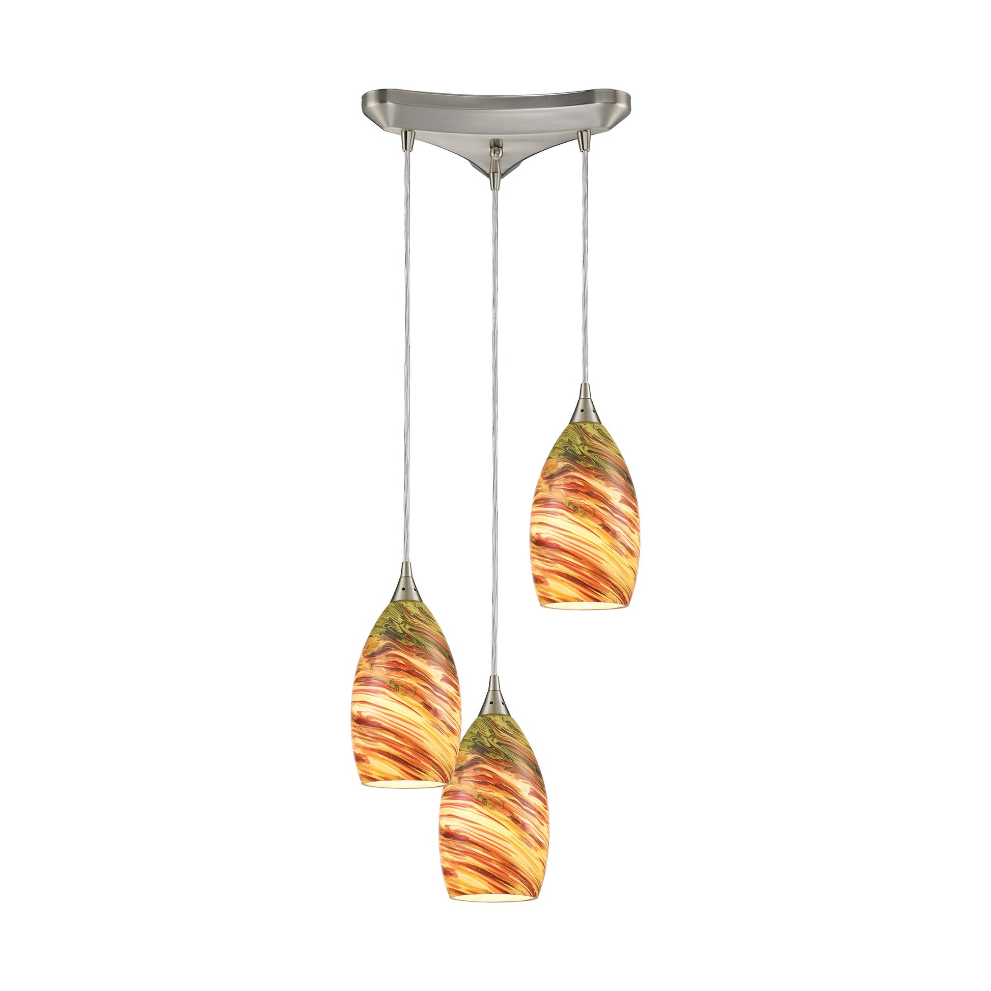 Collanino 3-Light Triangular Pendant Fixture in Satin Nickel with Lava Swirl Blown Glass ELK Lighting | Pendant Lamps | Modishstore