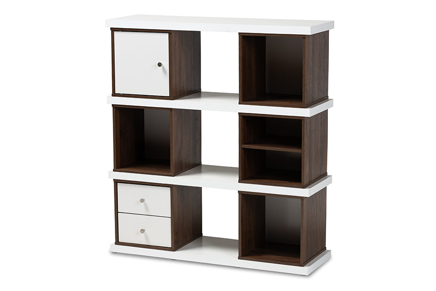 baxton studio rune modern and contemporary two tone white and walnut brown finished 2 drawer bookcase | Modish Furniture Store-2