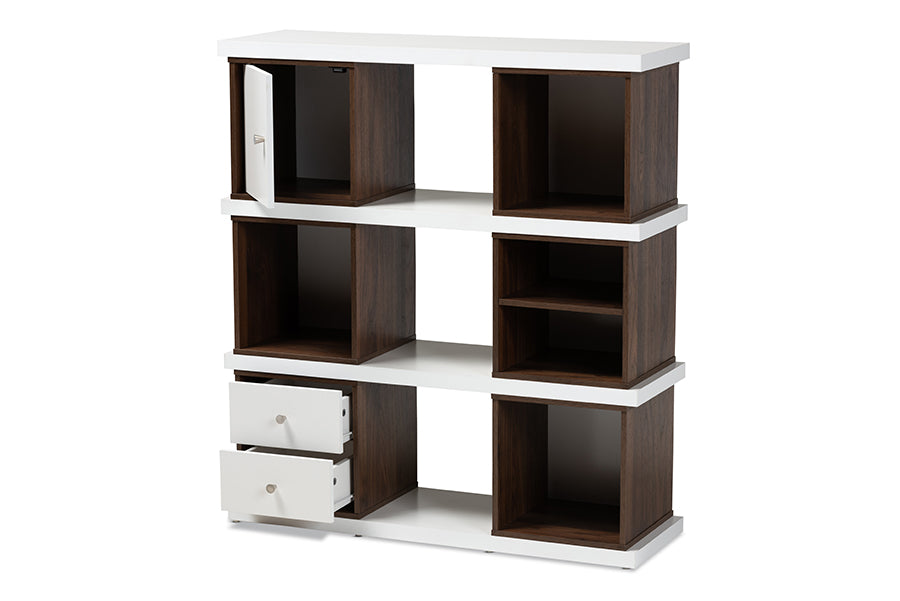 baxton studio rune modern and contemporary two tone white and walnut brown finished 2 drawer bookcase | Modish Furniture Store-3