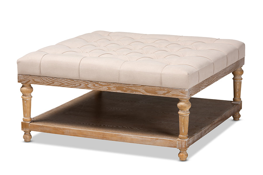Baxton Studio Kelly Modern and Rustic Beige Linen Fabric Upholstered and Greywashed Wood Cocktail Ottoman | Coffee Tables | Modishstore - 3