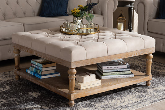 Baxton Studio Kelly Modern and Rustic Beige Linen Fabric Upholstered and Greywashed Wood Cocktail Ottoman | Coffee Tables | Modishstore