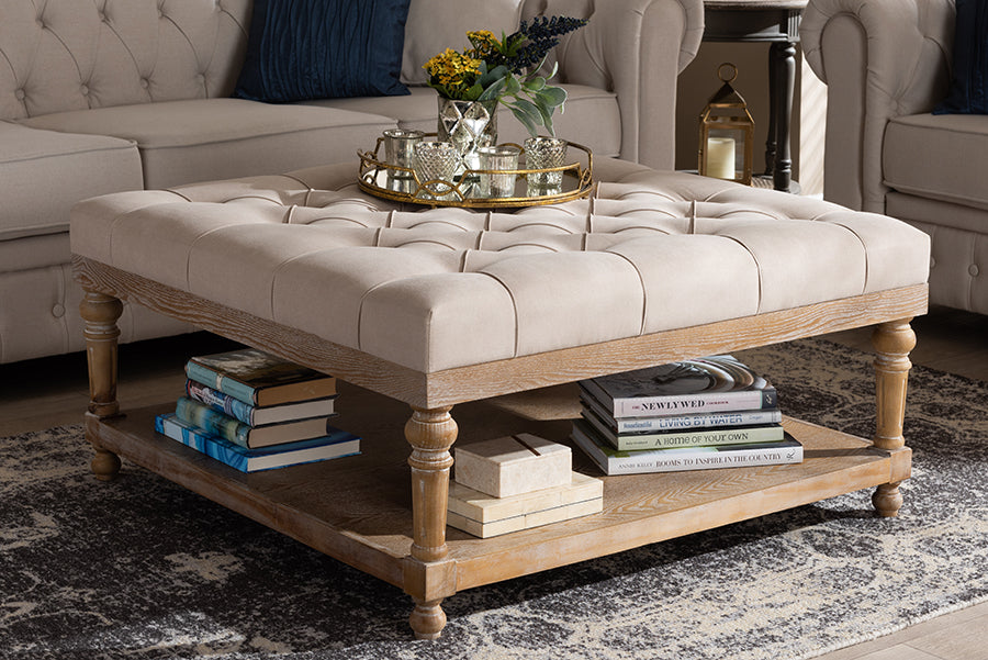Baxton Studio Kelly Modern and Rustic Beige Linen Fabric Upholstered and Greywashed Wood Cocktail Ottoman | Coffee Tables | Modishstore