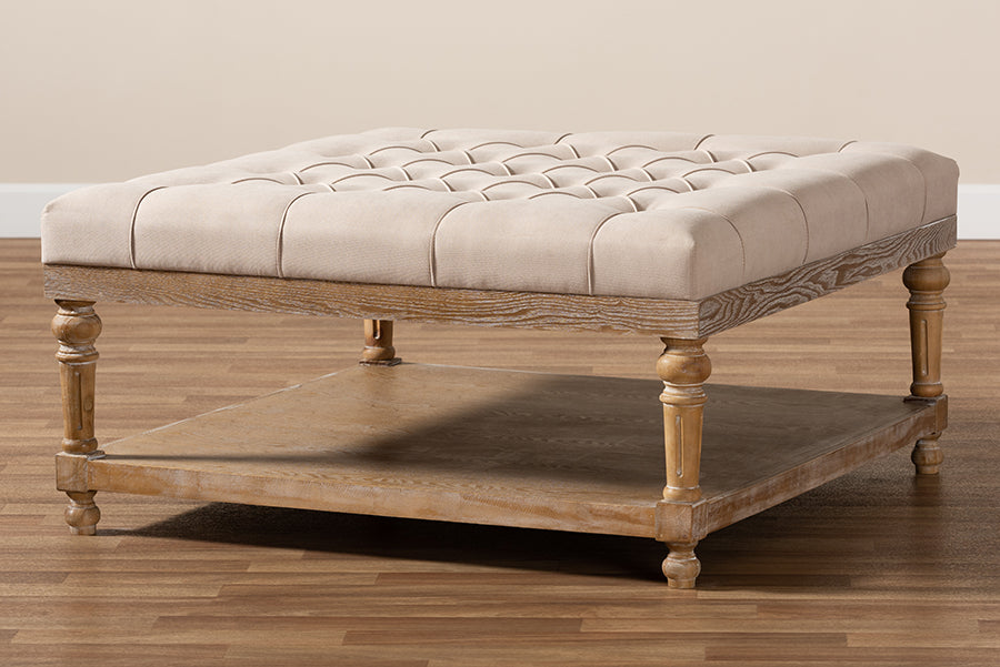 Baxton Studio Kelly Modern and Rustic Beige Linen Fabric Upholstered and Greywashed Wood Cocktail Ottoman | Coffee Tables | Modishstore - 2
