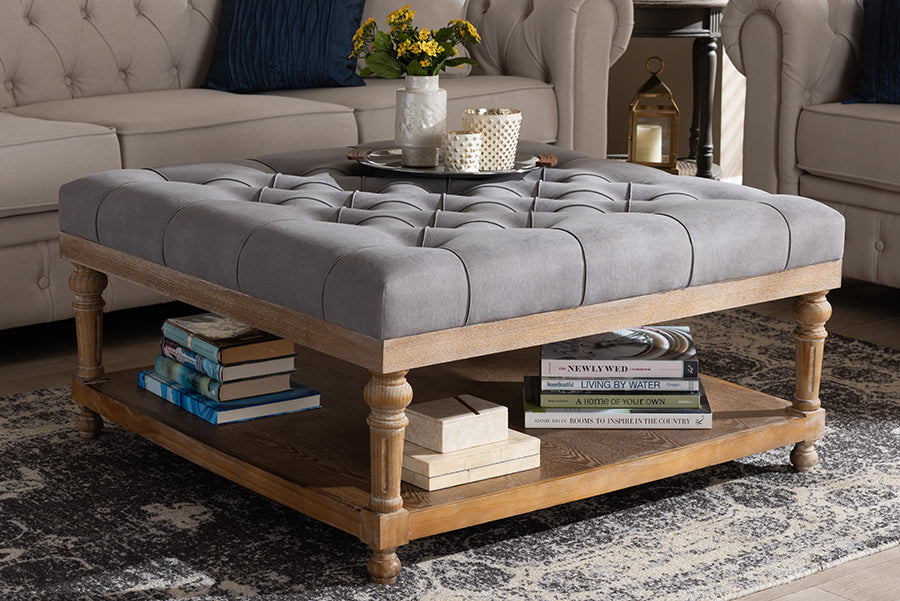Baxton Studio Kelly Modern and Rustic Beige Linen Fabric Upholstered and Greywashed Wood Cocktail Ottoman | Coffee Tables | Modishstore - 7
