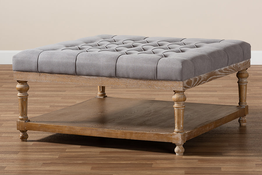 Baxton Studio Kelly Modern and Rustic Beige Linen Fabric Upholstered and Greywashed Wood Cocktail Ottoman | Coffee Tables | Modishstore - 9
