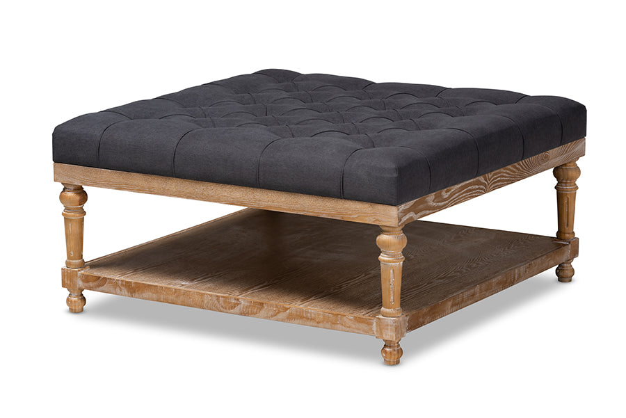 Baxton Studio Kelly Modern and Rustic Charcoal Linen Fabric Upholstered and Greywashed Wood Cocktail Ottoman | Coffee Tables | Modishstore - 6