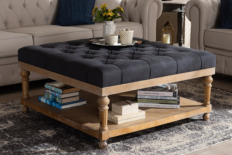 Baxton Studio Kelly Modern and Rustic Charcoal Linen Fabric Upholstered and Greywashed Wood Cocktail Ottoman | Coffee Tables | Modishstore