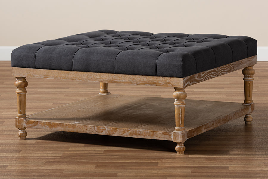 Baxton Studio Kelly Modern and Rustic Charcoal Linen Fabric Upholstered and Greywashed Wood Cocktail Ottoman | Coffee Tables | Modishstore - 2