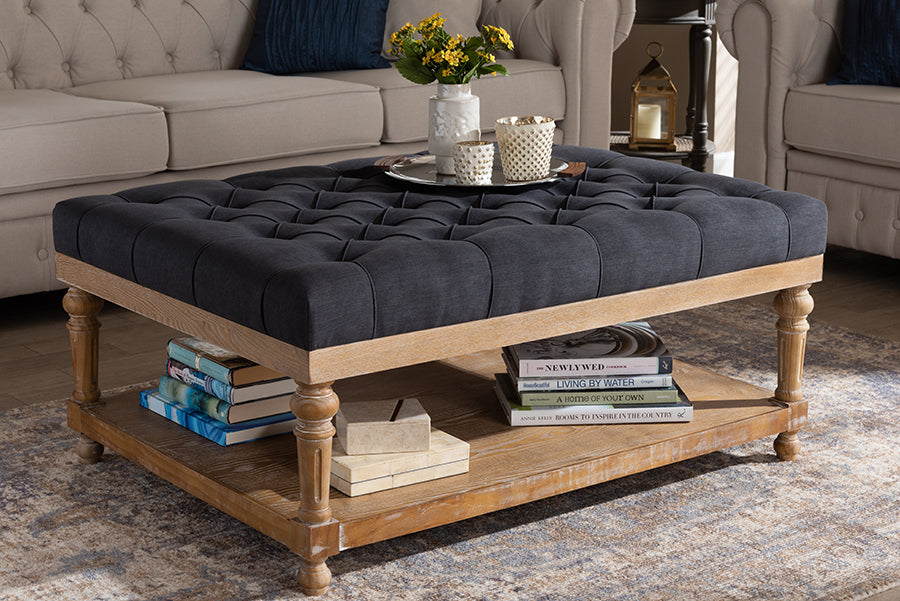 baxton studio lindsey modern and rustic charcoal linen fabric upholstered and greywashed wood cocktail ottoman | Modish Furniture Store-2