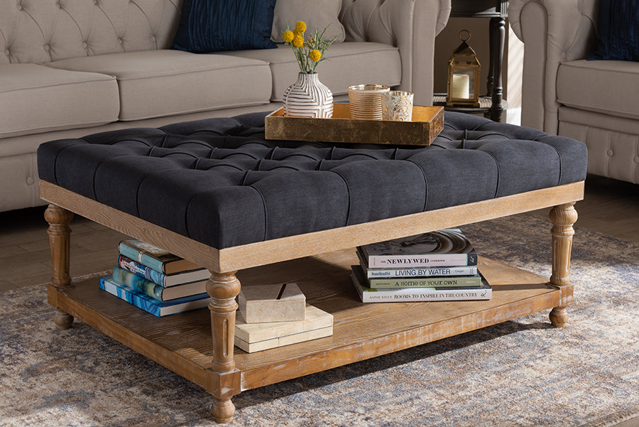 Baxton Studio Lindsey Modern and Rustic Charcoal Linen Fabric Upholstered and Greywashed Wood Cocktail Ottoman | Modishstore | Ottomans