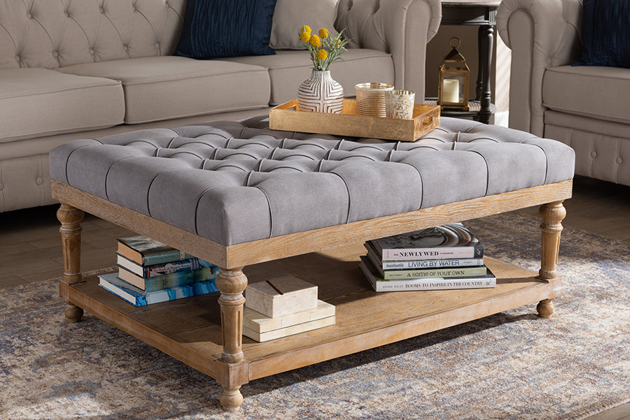 Baxton Studio Lindsey Modern and Rustic Grey Linen Fabric Upholstered and Greywashed Wood Cocktail Ottoman | Coffee Tables | Modishstore