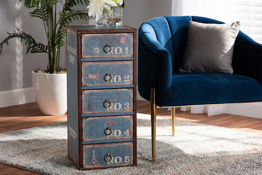 Baxton Studio Alba Vintage Rustic French Inspired Blue Finished Wood 5-Drawer Accent Storage Cabinet | Modishstore | Cabinets