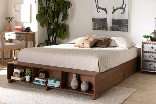 Baxton Studio Arthur Modern Rustic Ash Walnut Brown Finished Wood Queen Size Platform Bed with Built-In Shelves | Beds | Modishstore