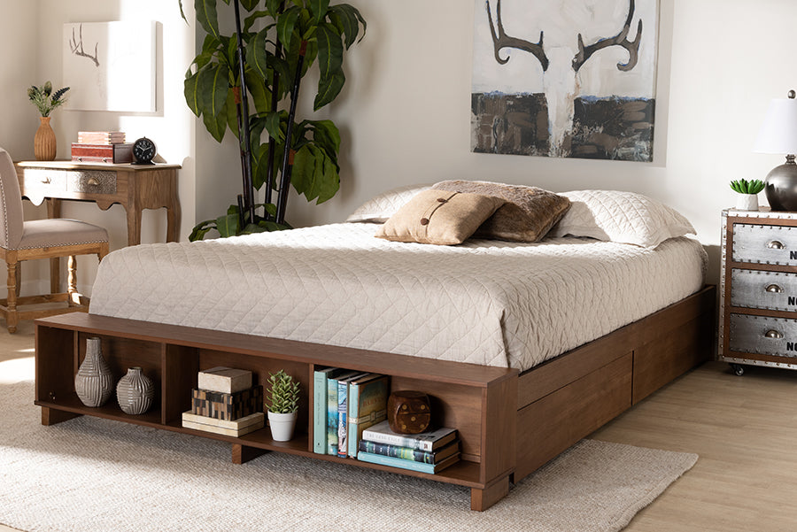 Baxton Studio Arthur Modern Rustic Ash Walnut Brown Finished Wood Full Size Platform Bed with Built-In Shelves | Modishstore | Beds