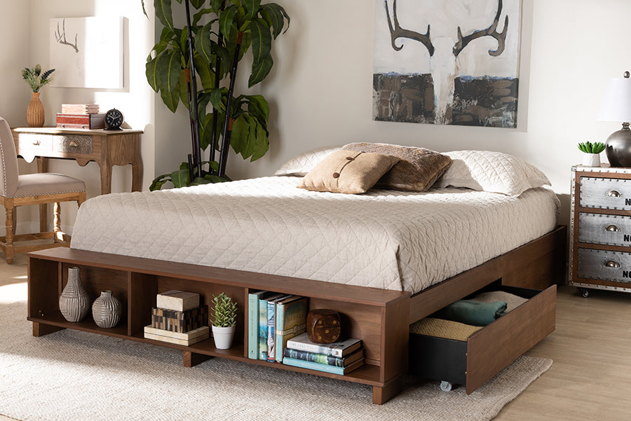 Baxton Studio Arthur Modern Rustic Ash Walnut Brown Finished Wood King Size Platform Bed with Built-In Shelves | Beds | Modishstore - 2