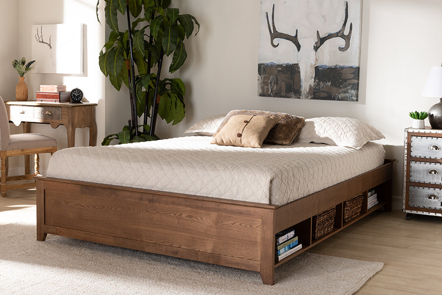 Baxton Studio Anders Traditional and Rustic Ash Walnut Brown Finished Wood Queen Size Platform Storage Bed Frame with Built-In Shelves | Beds | Modishstore