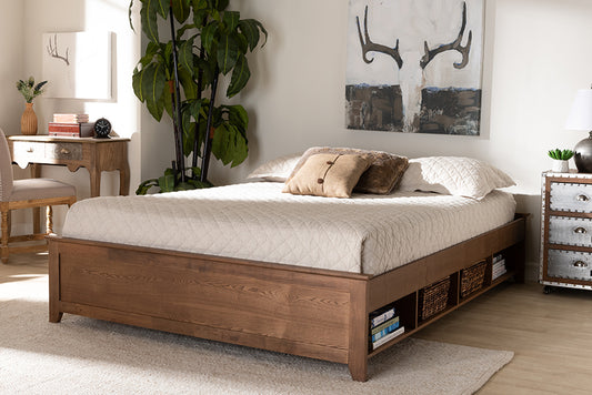 Baxton Studio Anders Traditional and Rustic Ash Walnut Brown Finished Wood King Size Platform Storage Bed Frame with Built-In Shelves | Beds | Modishstore
