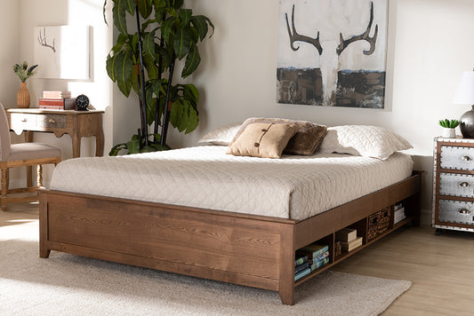Baxton Studio Anders Traditional and Rustic Ash Walnut Brown Finished Wood Full Size Platform Storage Bed Frame with Built-In Shelves | Modishstore | Beds