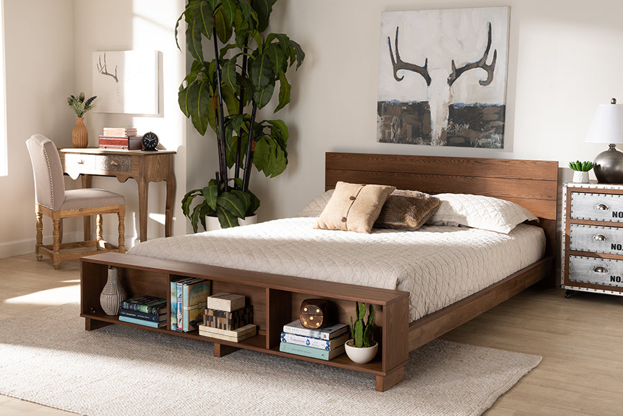 Baxton Studio Regina Modern Rustic Ash Walnut Brown Finished Wood Full Size Platform Storage Bed with Built-In Shelves | Modishstore | Beds
