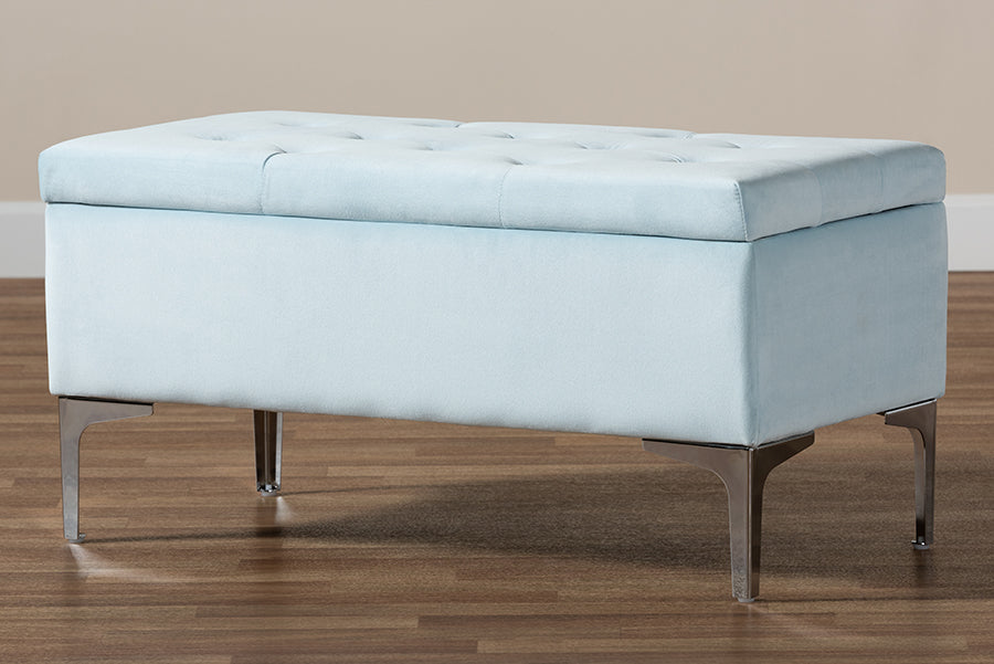 Baxton Studio Mabel Modern and Contemporary Transitional Light Blue Velvet Fabric Upholstered Silver Finished Storage Ottoman | Ottomans | Modishstore - 3