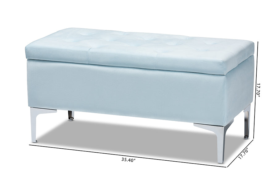 Baxton Studio Mabel Modern and Contemporary Transitional Light Blue Velvet Fabric Upholstered Silver Finished Storage Ottoman | Ottomans | Modishstore - 9