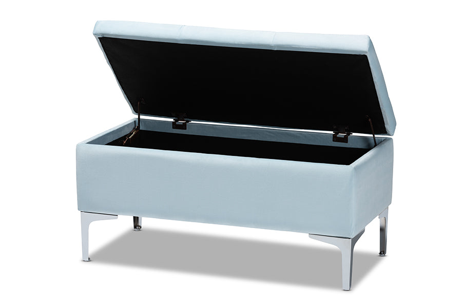 Baxton Studio Mabel Modern and Contemporary Transitional Light Blue Velvet Fabric Upholstered Silver Finished Storage Ottoman | Ottomans | Modishstore - 8
