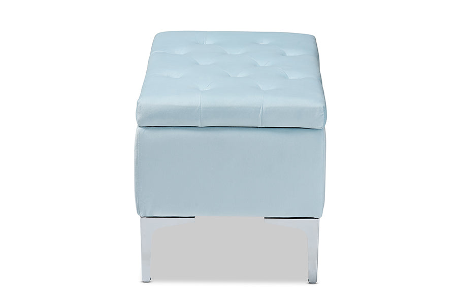 Baxton Studio Mabel Modern and Contemporary Transitional Light Blue Velvet Fabric Upholstered Silver Finished Storage Ottoman | Ottomans | Modishstore - 6