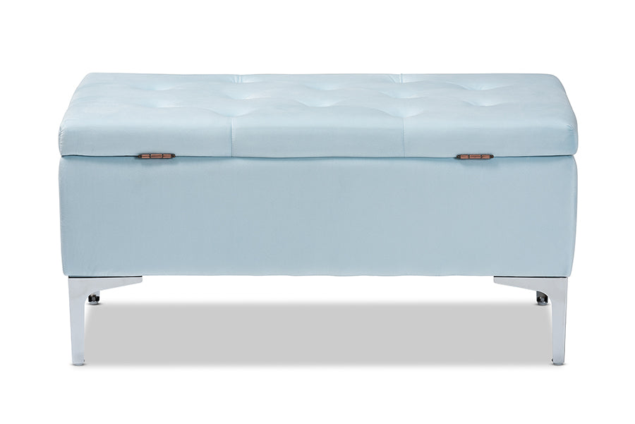 Baxton Studio Mabel Modern and Contemporary Transitional Light Blue Velvet Fabric Upholstered Silver Finished Storage Ottoman | Ottomans | Modishstore - 5
