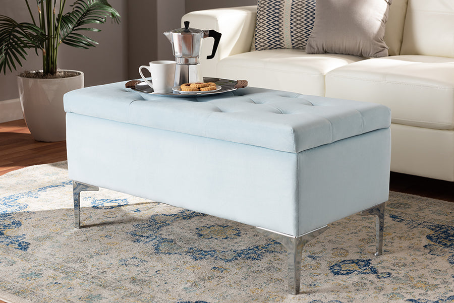 Baxton Studio Mabel Modern and Contemporary Transitional Light Blue Velvet Fabric Upholstered Silver Finished Storage Ottoman | Ottomans | Modishstore - 2