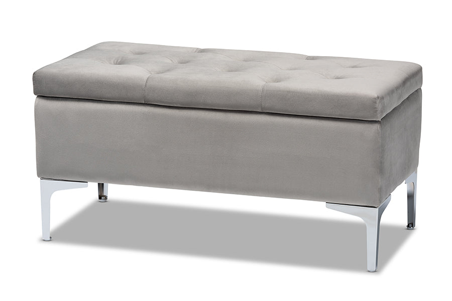 baxton studio mabel modern and contemporary transitional grey velvet fabric upholstered silver finished storage ottoman | Modish Furniture Store-2