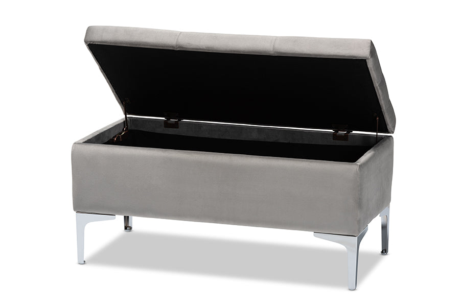 baxton studio mabel modern and contemporary transitional grey velvet fabric upholstered silver finished storage ottoman | Modish Furniture Store-3