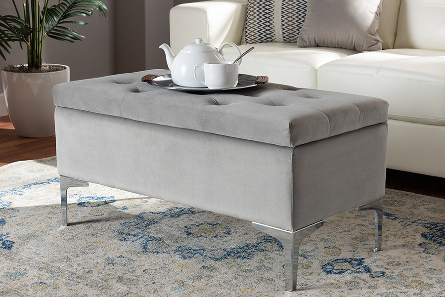 Baxton Studio Mabel Modern and Contemporary Transitional Grey Velvet Fabric Upholstered Silver Finished Storage Ottoman | Modishstore | Ottomans