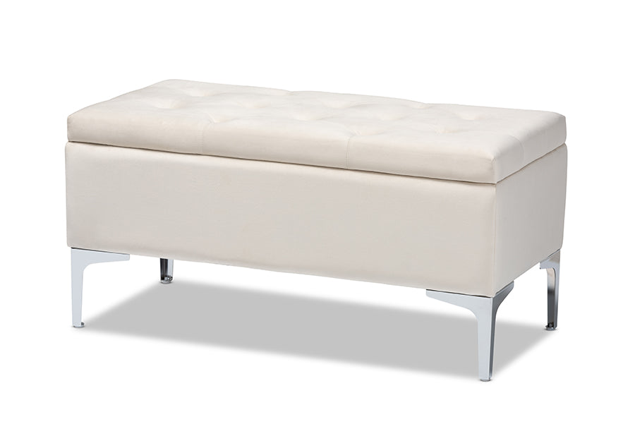 baxton studio mabel modern and contemporary transitional beige velvet fabric upholstered silver finished storage ottoman | Modish Furniture Store-2