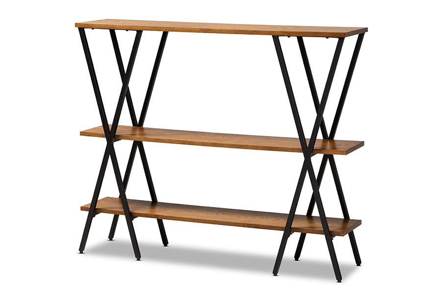 baxton studio norton rustic and industrial walnut brown finished wood and black finished metal console table | Modish Furniture Store-2