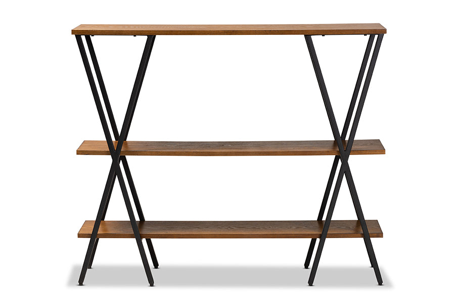 baxton studio norton rustic and industrial walnut brown finished wood and black finished metal console table | Modish Furniture Store-3