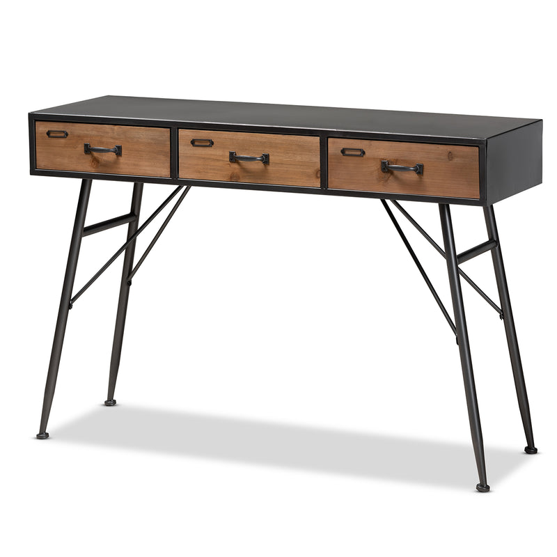 Baxton Studio Ariana Modern and Contemporary Industrial Black and Oak Brown Finished Wood 3-Drawer Metal Console Table | Console Tables | Modishstore