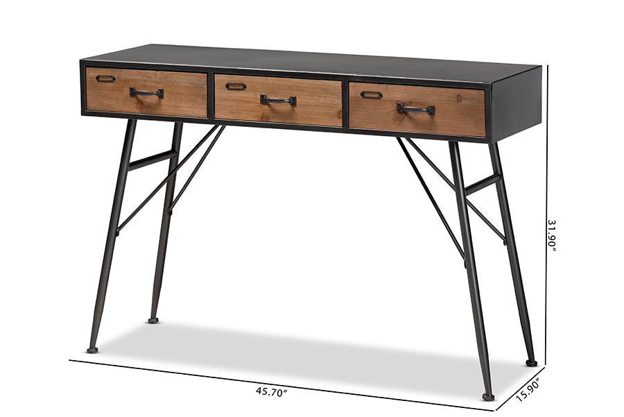 Baxton Studio Ariana Modern and Contemporary Industrial Black and Oak Brown Finished Wood 3-Drawer Metal Console Table | Console Tables | Modishstore - 7